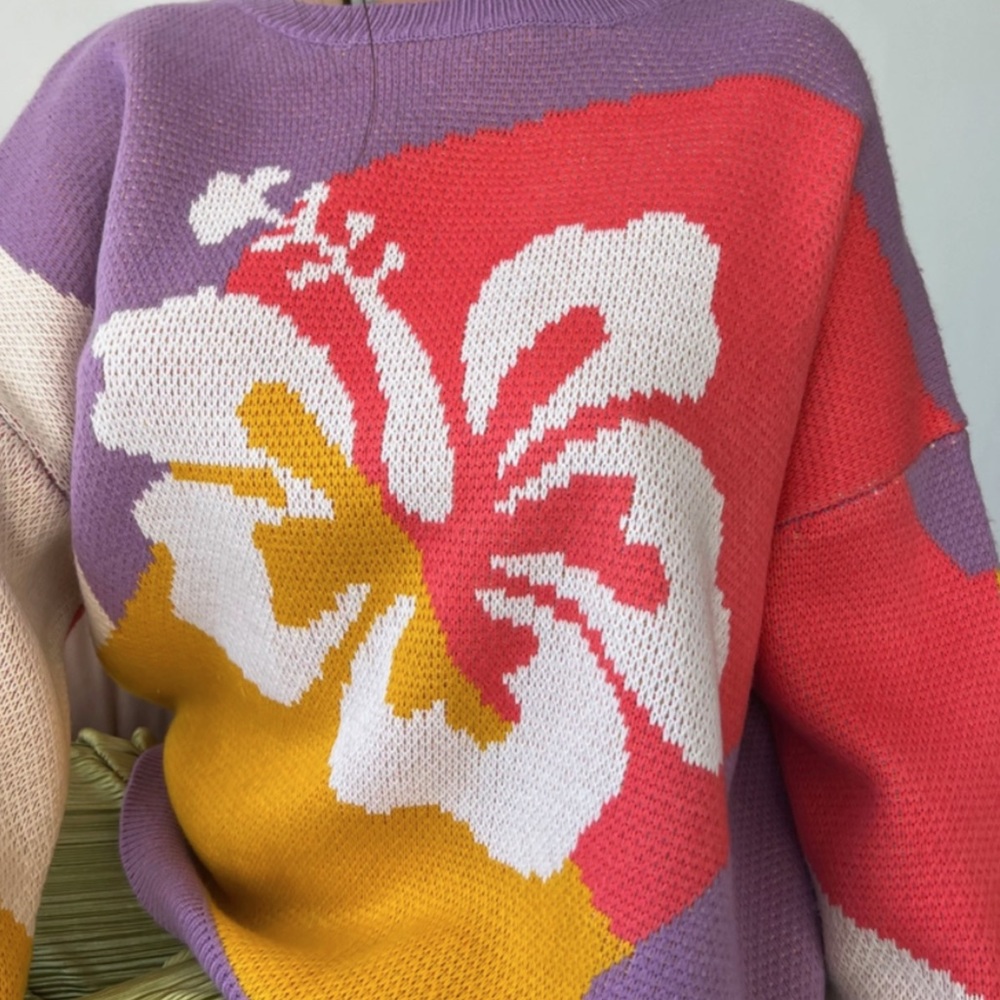 Guava Rose Flower Oversized Relaxed Fit Knit Sweater - Picture 5 of 6